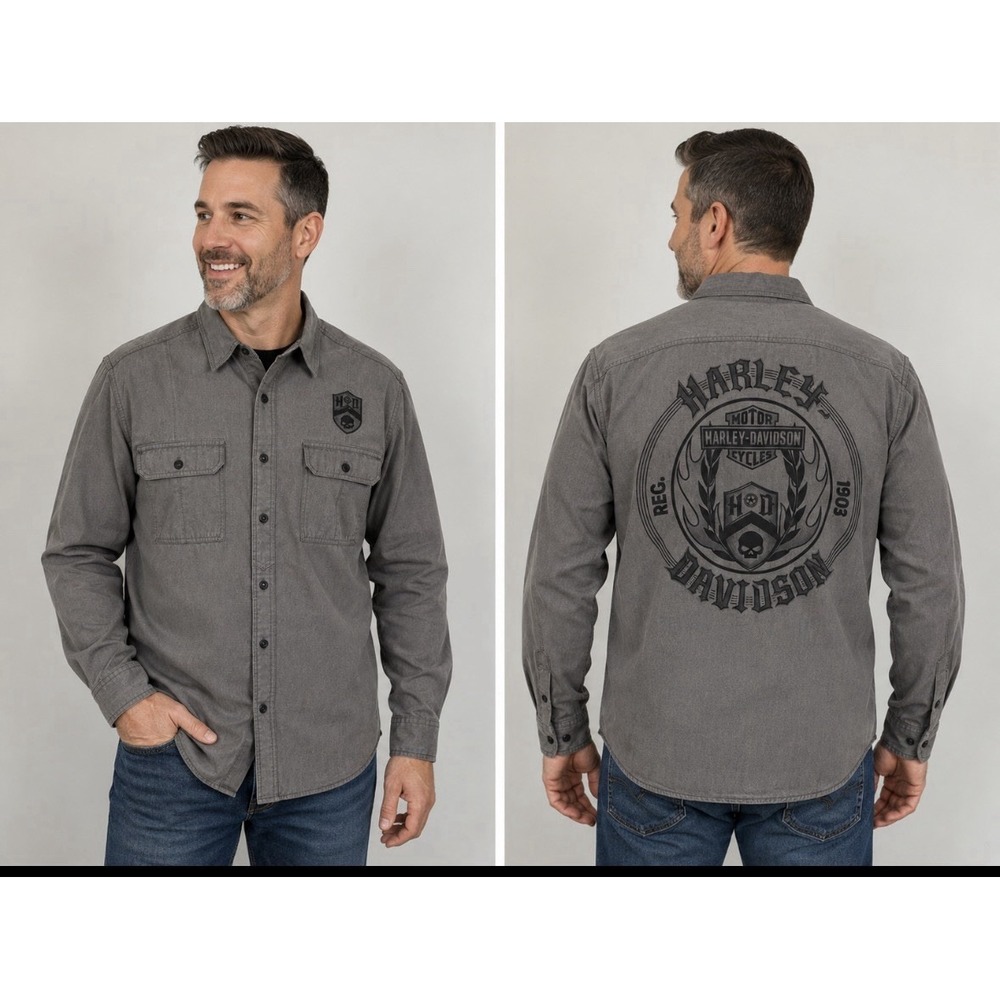 Harley-Davidson Shirt Mens Large Willie G Skull Gray Button Down Long Sleeve